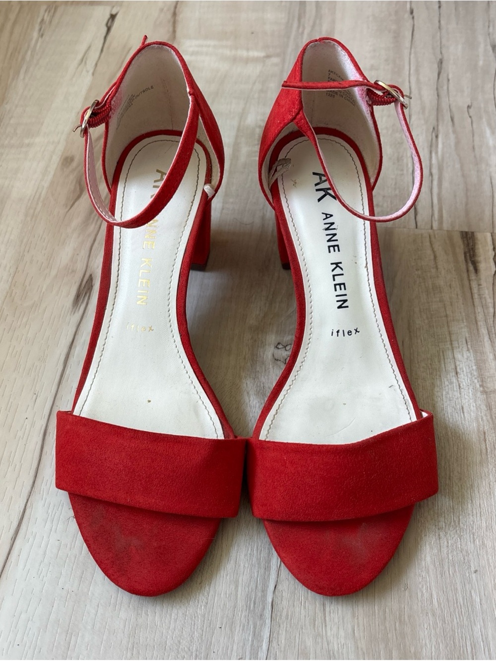 Anne Klein Red Suede Ankle-Strap Block Heel Sandals